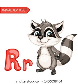 Animal Alphabet. R is for Raccoon Vector Illustration of a Happy Raccoon . Cute Cartoon Raccoon Isolated on a White Background. Happy Animals Set