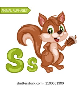 Animal Alphabet. S is for Squirrel. Vector Illustration of a Happy Squirrel. Cute Cartoon Squirrel Isolated on a White Background. Happy Animals Set