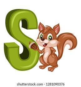 Animal Alphabet. S is for Squirrel. Vector Illustration of a Happy Squirrel. Cute Cartoon Squirrel Isolated on a White Background. Happy Animals Set