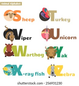 Animal alphabet S T U V W X Y Z. Letters  Vector Illustration