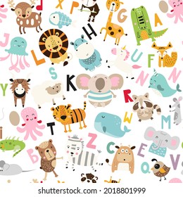 Animal alphabet seamless pattern kids print. Wallpaper design for baby nursery. Repeat fabric vector illustration.