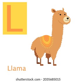 Animal alphabet series. Letter L. Cute cartoon style llama. Latin America animal. Isolated on white. Educational poster for children. 
