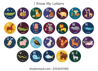 Animal alphabet stickers for kids. Letters from A to Z. Circle labels with letters and cute zoo characters. Educational poster. Vector illustration