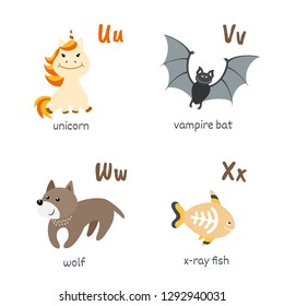 Animal alphabet with unicorn vampire-bat wolf x-ray fish