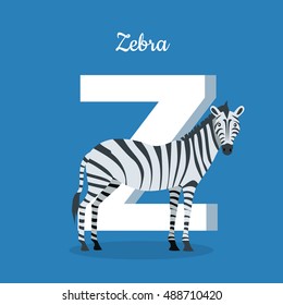 Animal alphabet vector concept. Flat style. Zoo ABC with wild animal. Zebra standing on blue background, letter Z behind. Educational glossary. For children's books, textbooks illustrating