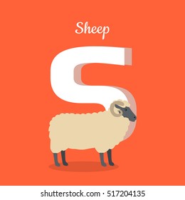 Animal alphabet vector concept. Flat style. Zoo ABC with domestic animal. Sheep standing on red background, letter S behind. Educational glossary. For children's books, textbooks illustrating