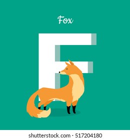 Animal alphabet vector concept. Flat style. Zoo ABC with wild animal. Beautiful fox standing on green background, letter F behind. Educational glossary. For children's books, textbooks illustrating