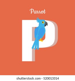 Animal alphabet vector concept. Flat style. Zoo ABC with tropical bird. Blue cockatoo parrot sitting on letter P on red background. Educational glossary. For children's books, textbooks illustrating