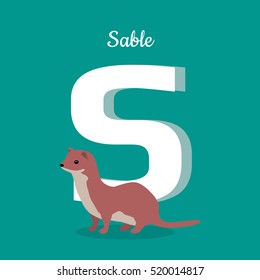 Animal alphabet vector concept. Flat style. Zoo ABC with wild animal. Sable standing on blue background, letter S behind. Educational glossary. For children's books, textbooks illustrating