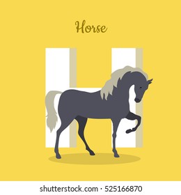 Animal alphabet vector concept. Flat style. ABC with domestic animal. Prancing horse standing on yellow background, letter H behind. Educational glossary. For children's book, textbook illustrating