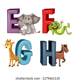 Animal Alphabet. Vector Illustration of Happy Elephant, Frog, Giraffe, Horse. Letters E, F, G, H. Cute Cartoon Animals with 3D Letters Isolated on a White Background