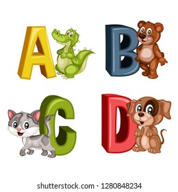 Animal Alphabet. Vector Illustration of Happy Alligator, Bear, Cat and Dog . Letters A, B, C, D. Cute Cartoon Animals with 3D Letters Isolated on a White Background