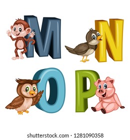 Animal Alphabet. Vector Illustration of Happy Monkey, Nightingale, Owl, Pig. Letters M, N, O, P. Cute Cartoon Animals with 3D Letters Isolated on a White Background