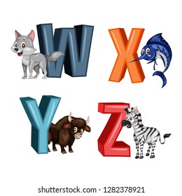 Animal Alphabet. Vector Illustration of Happy Wolf, Xiphias, Yak, Zebra. Letters  W, X, Y, Z. Cute Cartoon Animals with 3D Letters Isolated on a White Background