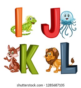 Animal Alphabet. Vector Illustration of Happy Iguana, Jellyfish, Kangaroo, Lion . Letters I, J, K, L. Cute Cartoon Animals with 3D Letters Isolated on a White Background
