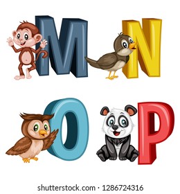 Animal Alphabet. Vector Illustration of Happy Monkey, Nightingale, Owl, Panda. Letters M, N, O, P. Cute Cartoon Animals with 3D Letters Isolated on a White Background