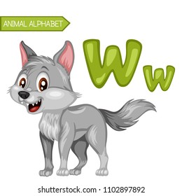 Animal Alphabet  W is for Wolf  Vector Illustration Happy Wolf  Cute Cartoon Wolf Isolated White Background  Happy Animals Set