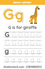 Animal alphabet writing for preschool kids. Letter G is for giraffe.