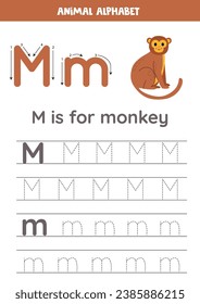 Animal alphabet writing for preschool kids. Letter M is for monkey.