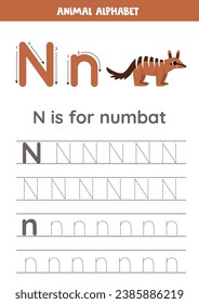 Animal alphabet writing for preschool kids. Letter N is for numbat.