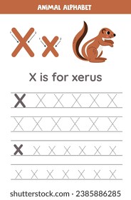 Animal alphabet writing for preschool kids. Letter x is for xerus.