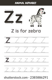 Animal alphabet writing for preschool kids. Letter z is for zebra.