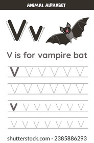 Animal alphabet writing for preschool kids. Letter v is for vampire bat.