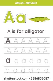 Animal alphabet writing for preschool kids. Letter a is for alligator.