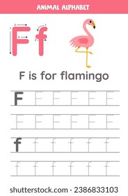 Animal alphabet writing for preschool kids. Letter F is for flamingo.