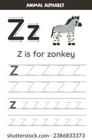 Animal alphabet writing for preschool kids. Letter z is for zonkey.
