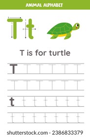 Animal alphabet writing for preschool kids. Letter T is for turtle.