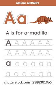 Animal alphabet writing for preschool kids. Letter a is for armadillo.