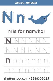 Animal alphabet writing for preschool kids. Letter n is for narwhal.