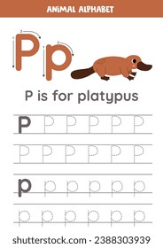 Animal alphabet writing for preschool kids. Letter P is for platypus.