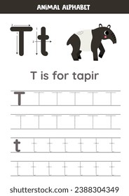 Animal alphabet writing for preschool kids. Letter T is for tapir.