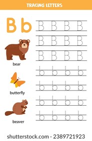 Animal alphabet writing for preschool kids. Letter B is for bear beaver and butterfly.