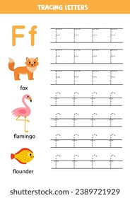 Animal alphabet writing for preschool kids. Letter f is for fox flamingo and flounder.