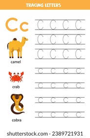 Animal alphabet writing for preschool kids. Letter c is for camel crab and cobra.