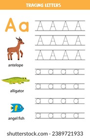 Animal alphabet writing for preschool kids. Letter a is for alligator antelope and angel fish.