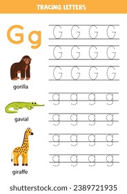 Animal alphabet writing for preschool kids. Letter g is for gorilla gavial and giraffe.