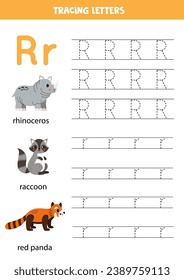 Animal alphabet writing for preschool kids. Letter R is for rhinoceros raccoon red panda.