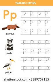 Animal alphabet writing for preschool kids. Letter p is for platypus panda pelican.