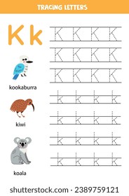 Animal alphabet writing for preschool kids. Letter K is for kookaburra kiwi kola.