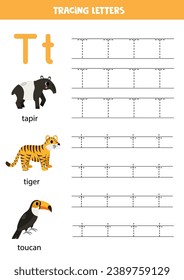 Animal alphabet writing for preschool kids. Letter T is for tapir tiger toucan.