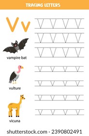 Animal alphabet writing for preschool kids. Letter v is for vampire bat vicuna vulture.