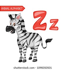 Animal Alphabet. Z is for Zebra. Vector Illustration of a Happy Zebra. Cute Cartoon Zebra Isolated on a White Background. Happy Animals Set