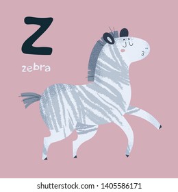 Animal Alphabet. Zebra horse. Letter Z. Card for children with animals, geography, biology. Kindergarten, school, for kids and parents. Use for cards, print, poster, magnet, book, decor, textile