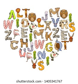 Animal alphabet. Zoo alphabet. Letters from A to Z. Cartoon cute animals. Elephant, dog, flamingo, giraffe, horse, alligator, bear, cat.