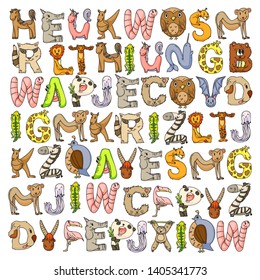 Animal alphabet. Zoo alphabet. Letters from A to Z. Cartoon cute animals. Elephant, dog, flamingo, giraffe, horse, alligator, bear, cat.
