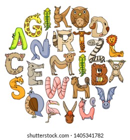 Animal alphabet. Zoo alphabet. Letters from A to Z. Cartoon cute animals. Elephant, dog, flamingo, giraffe, horse, alligator, bear, cat.